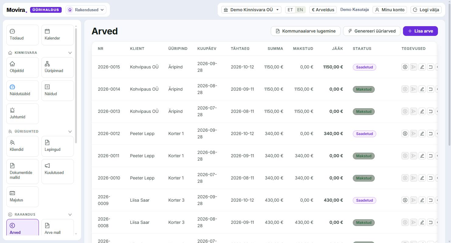 Invoice table: number, client, unit, date, due date, amount, paid, balance and status.