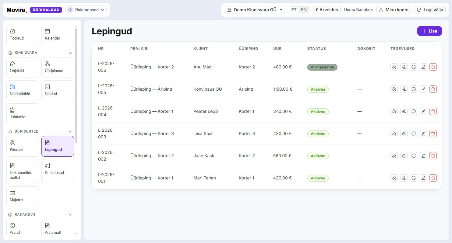 Contract table: number, title, client, unit, rent and status.